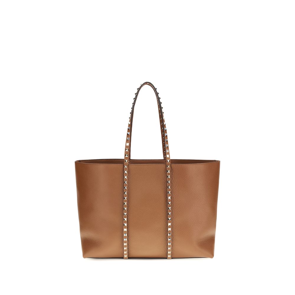 Valentino Garavani Rockstud Shopping Bag in Saddle Brown Grainy Calfskin with Platinum Studs - Luxury Tote at The Exclusive Line Singapore.