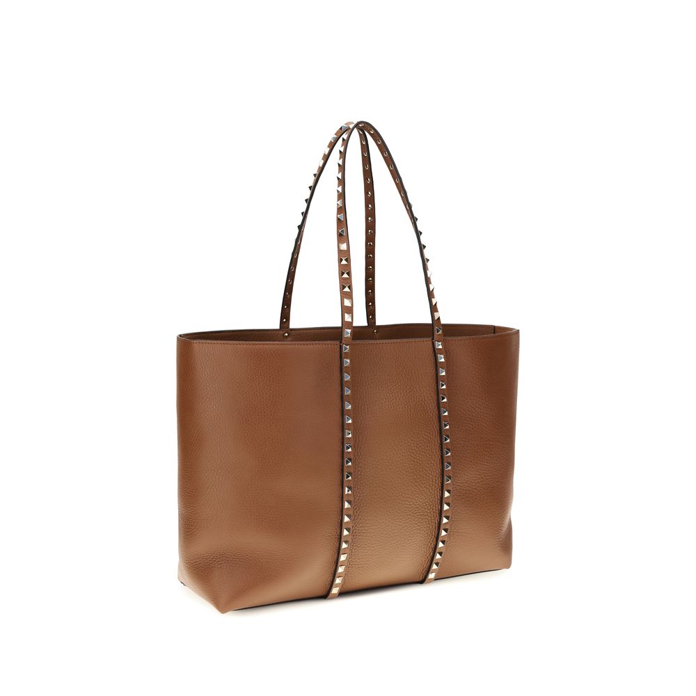 Valentino Garavani Rockstud Shopping Bag In Grainy Calfskin - Saddle Brown