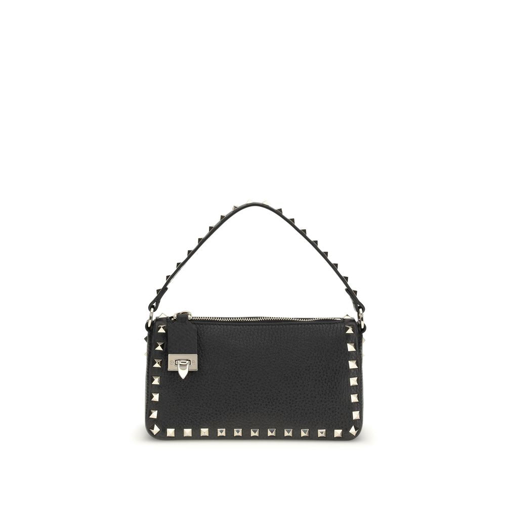 Valentino Garavani Small Rockstud Crossbody Bag in Grainy Leather with Hook Closure in Black from The Exclusive Line Singapore.