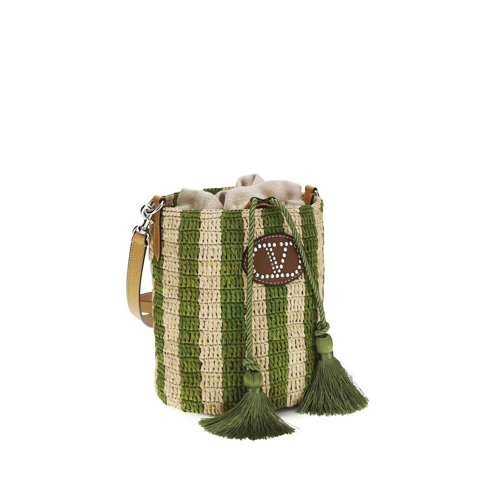Side view of Valentino Garavani Small Bucket Bag in Natural and Green Striped Raffia with VLogo Leather Patch