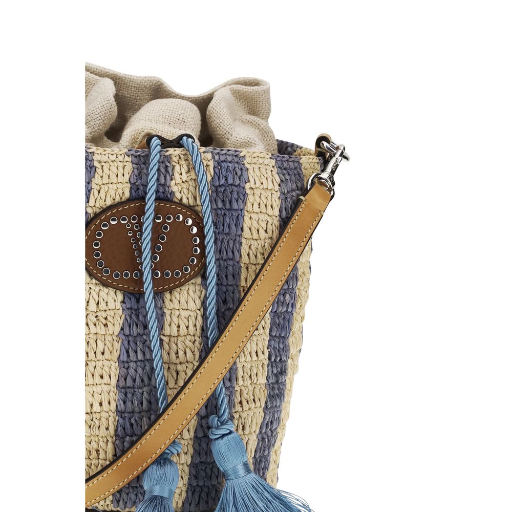 Valentino Garavani Striped Raffia Small Bucket Bag - Natural / Azure