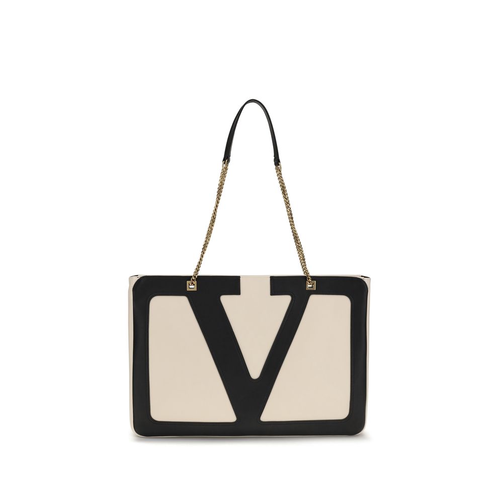 Valentino Garavani Viva Superstar Tote Bag Large in Beige & Black VLogo with chain straps from The Exclusive Line, Singapore.