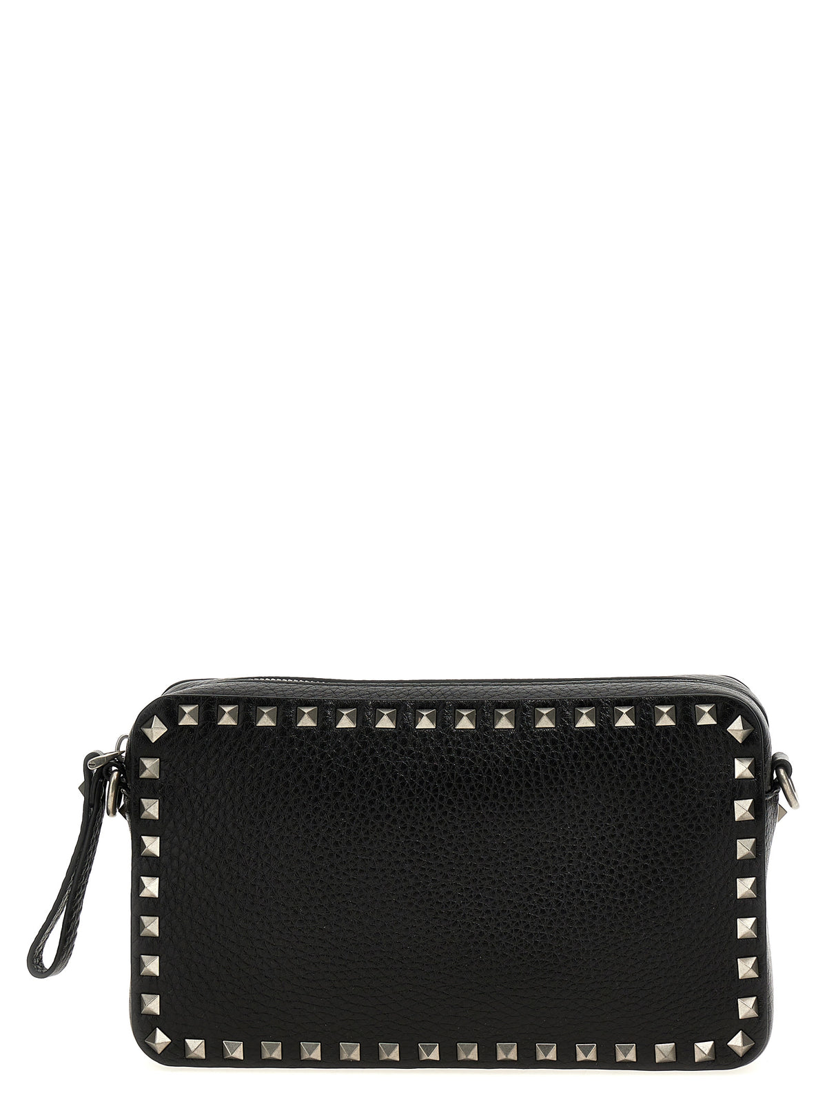 Valentino Garavani men's Rockstud crossbody bag in black calfskin leather with metal studs and fabric strap.