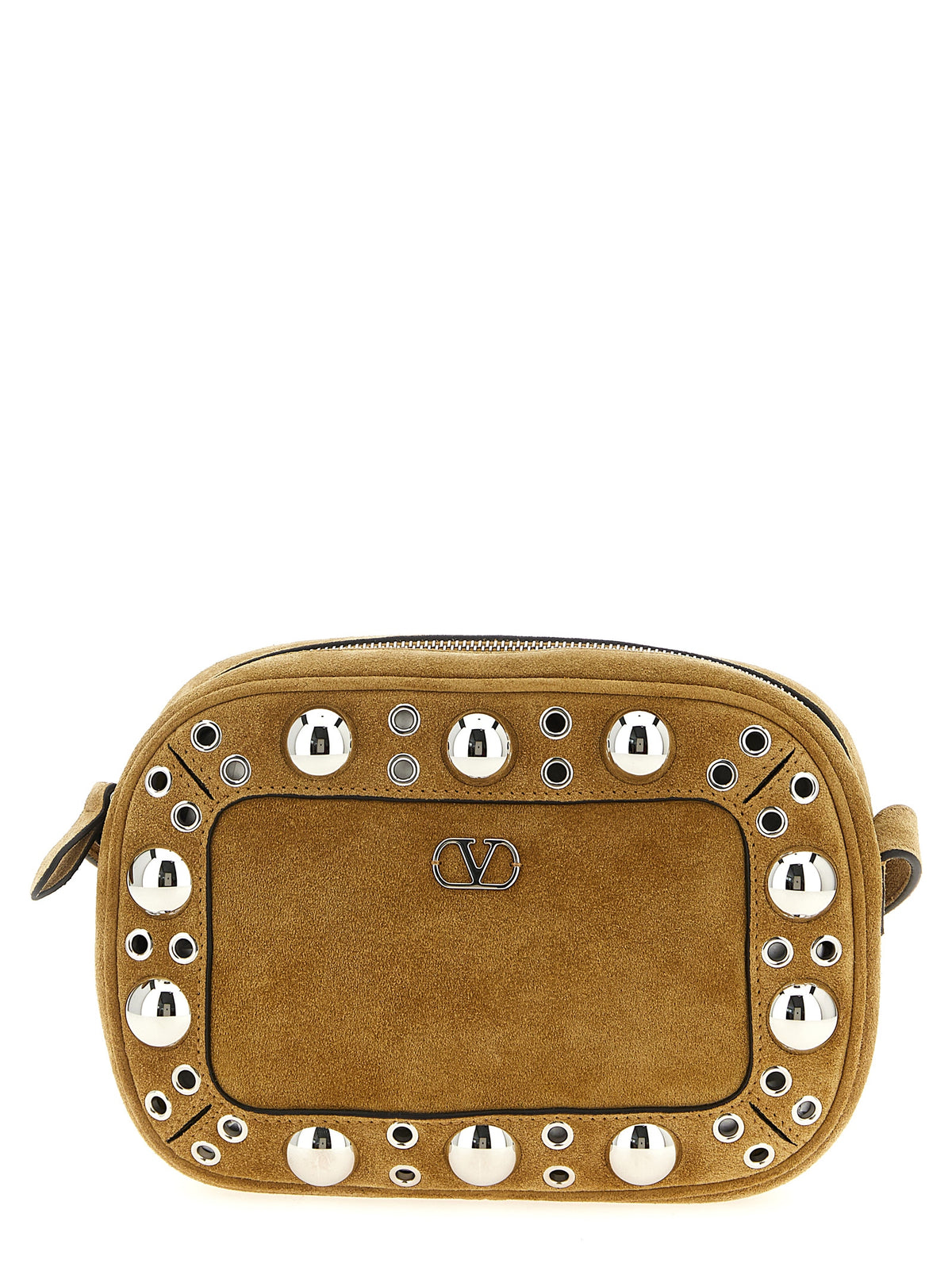 Valentino Garavani Nellcote shoulder bag in Havana beige suede with ball studs and palladium hardware.
