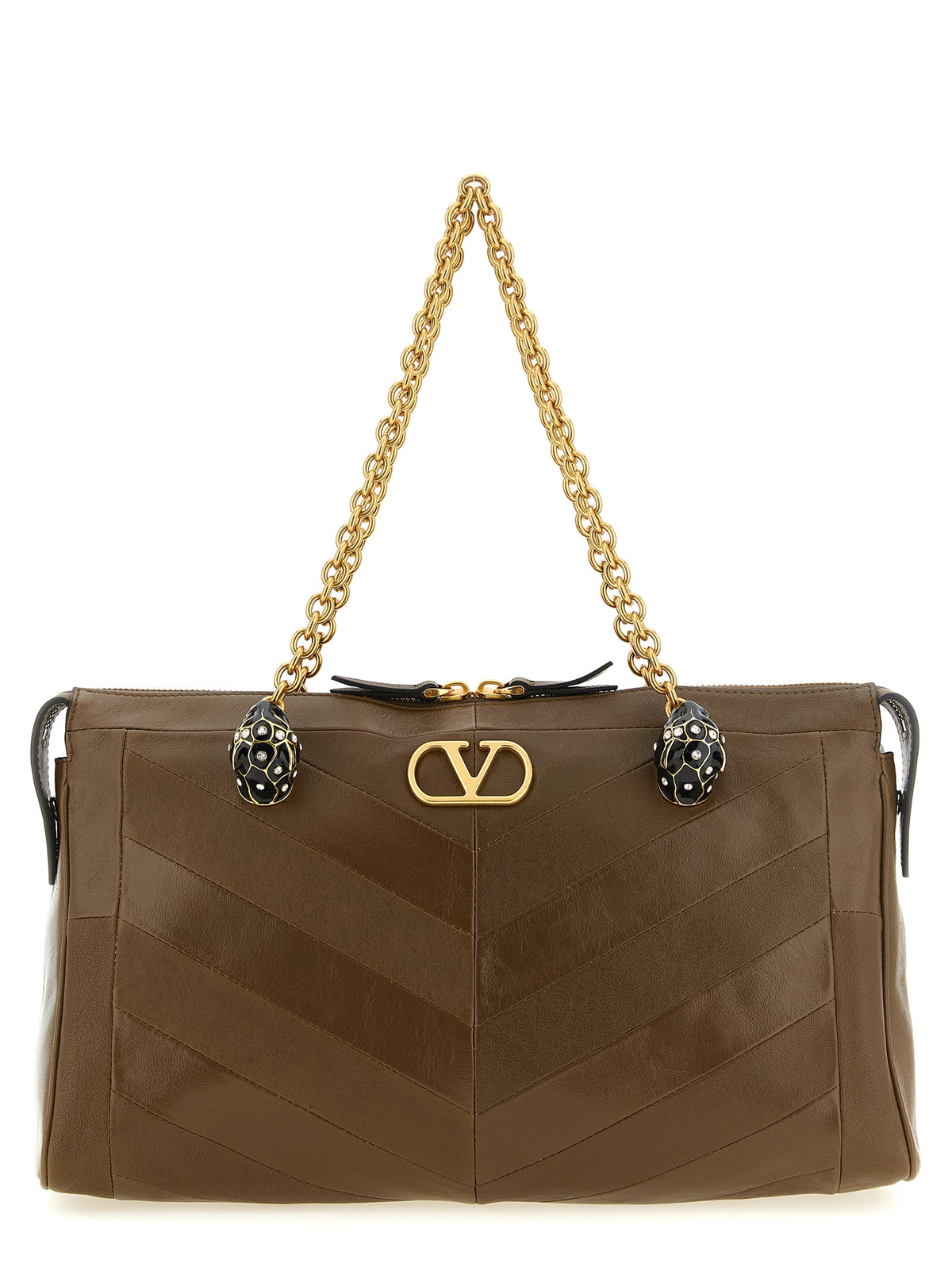 Valentino Garavani Panthea medium shoulder bag in tundra green chevron nappa leather with Swarovski feline heads.