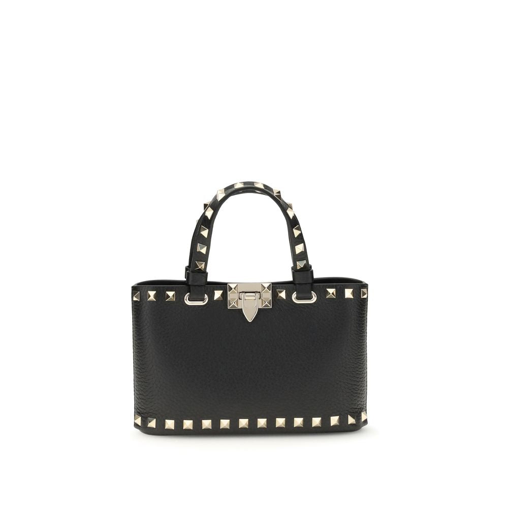 Valentino Garavani Rockstud Mini Shopping Bag in black grainy calfskin with platinum studs and chain strap.