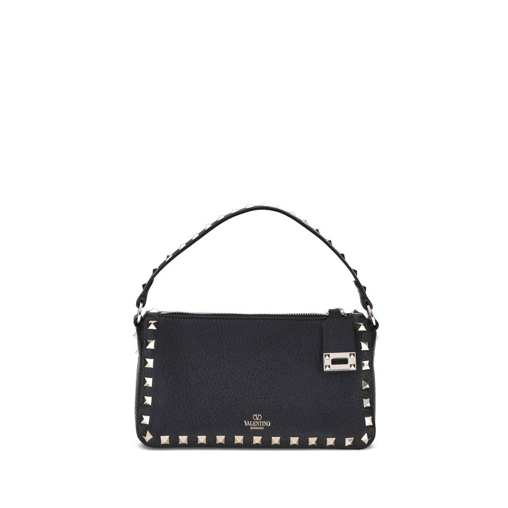 Valentino Garavani Rockstud small crossbody bag in black grainy calfskin leather with platinum studs and hook closure.