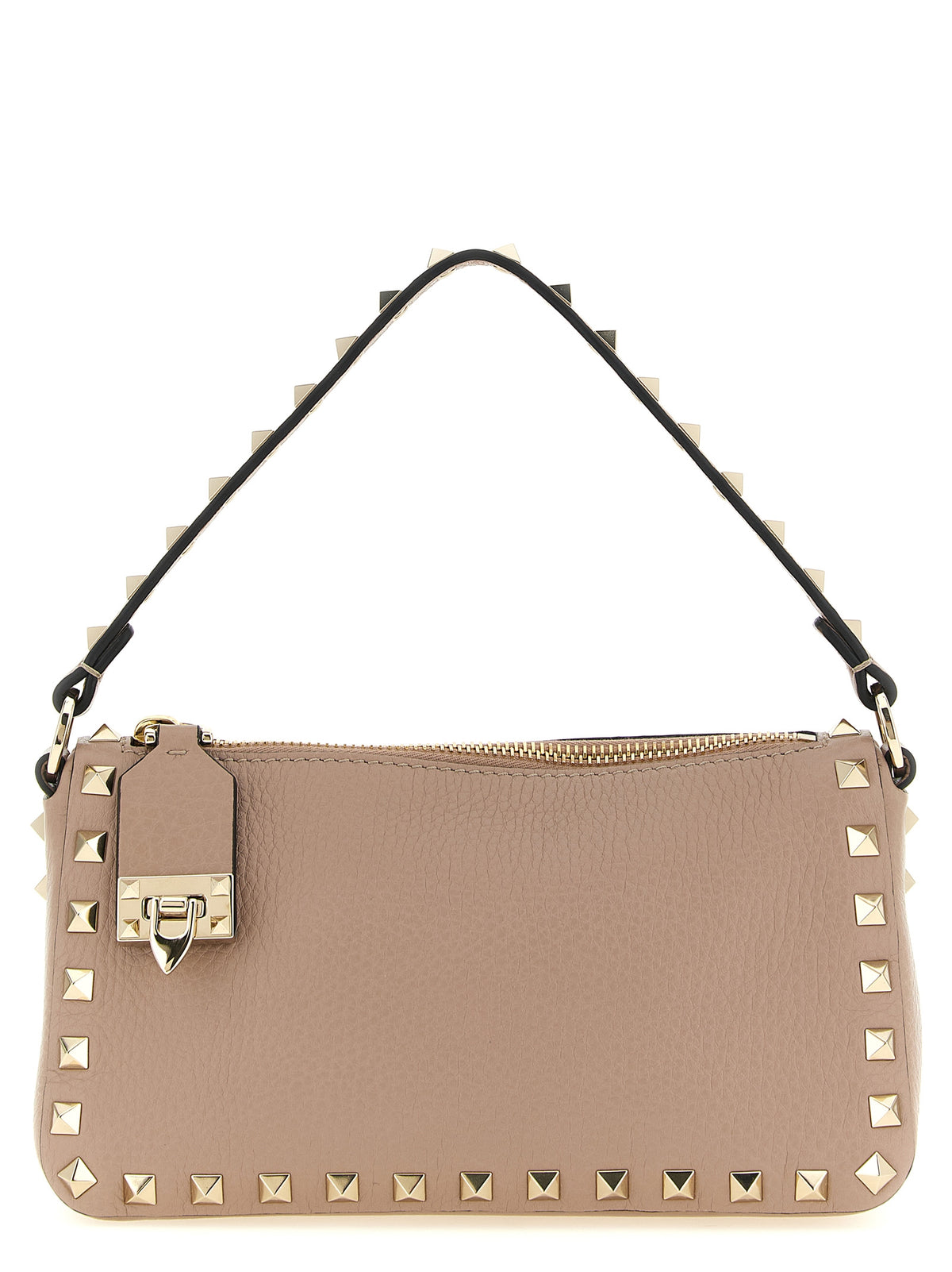 Valentino Garavani Rockstud small crossbody bag in poudre grainy calfskin leather with platinum studs and hook closure.