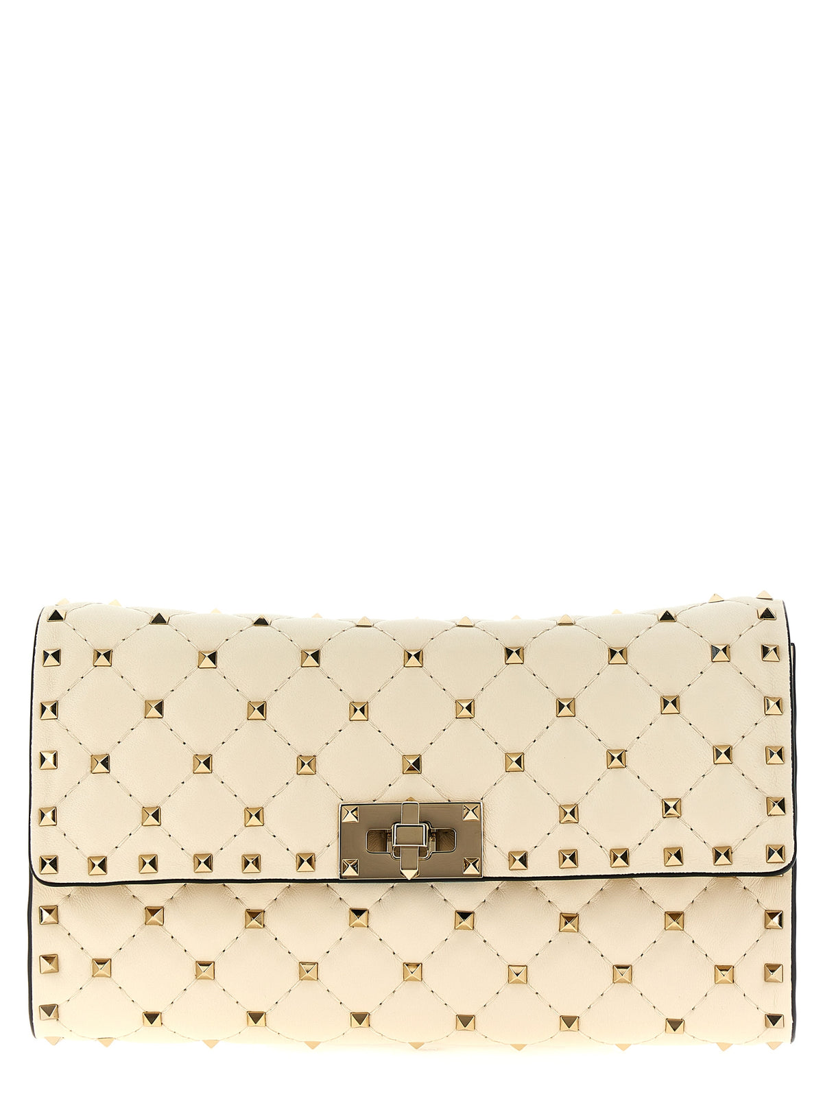 Valentino Garavani Rockstud Spike crossbody clutch bag in light ivory quilted nappa leather with platinum studs.