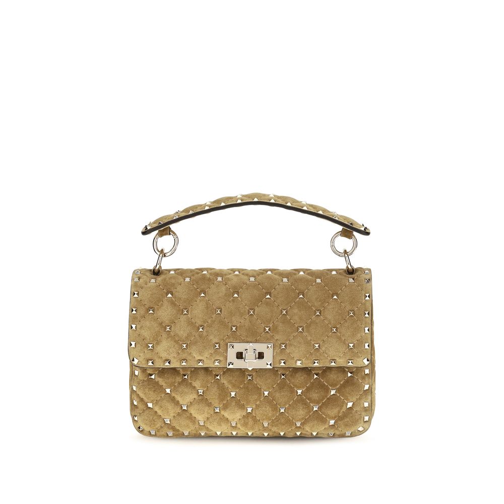 Valentino Garavani Rockstud Spike medium shoulder bag in Havana beige suede with platinum studs.