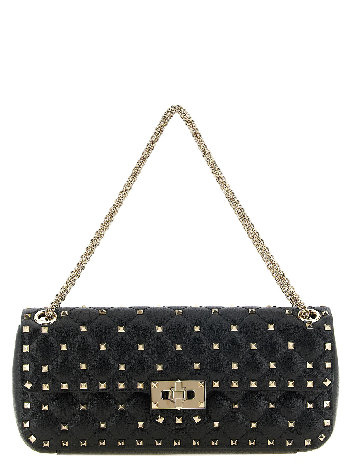 Valentino Garavani Rockstud Spike medium shoulder bag in black quilted kidskin leather with platinum studs and sliding chain.
