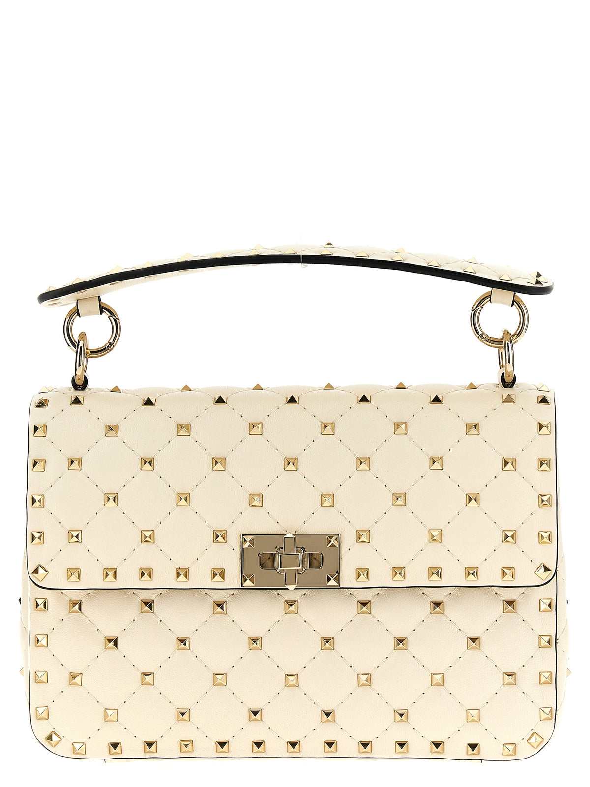 Valentino Garavani Rockstud Spike medium shoulder bag in light ivory quilted nappa leather with platinum studs.