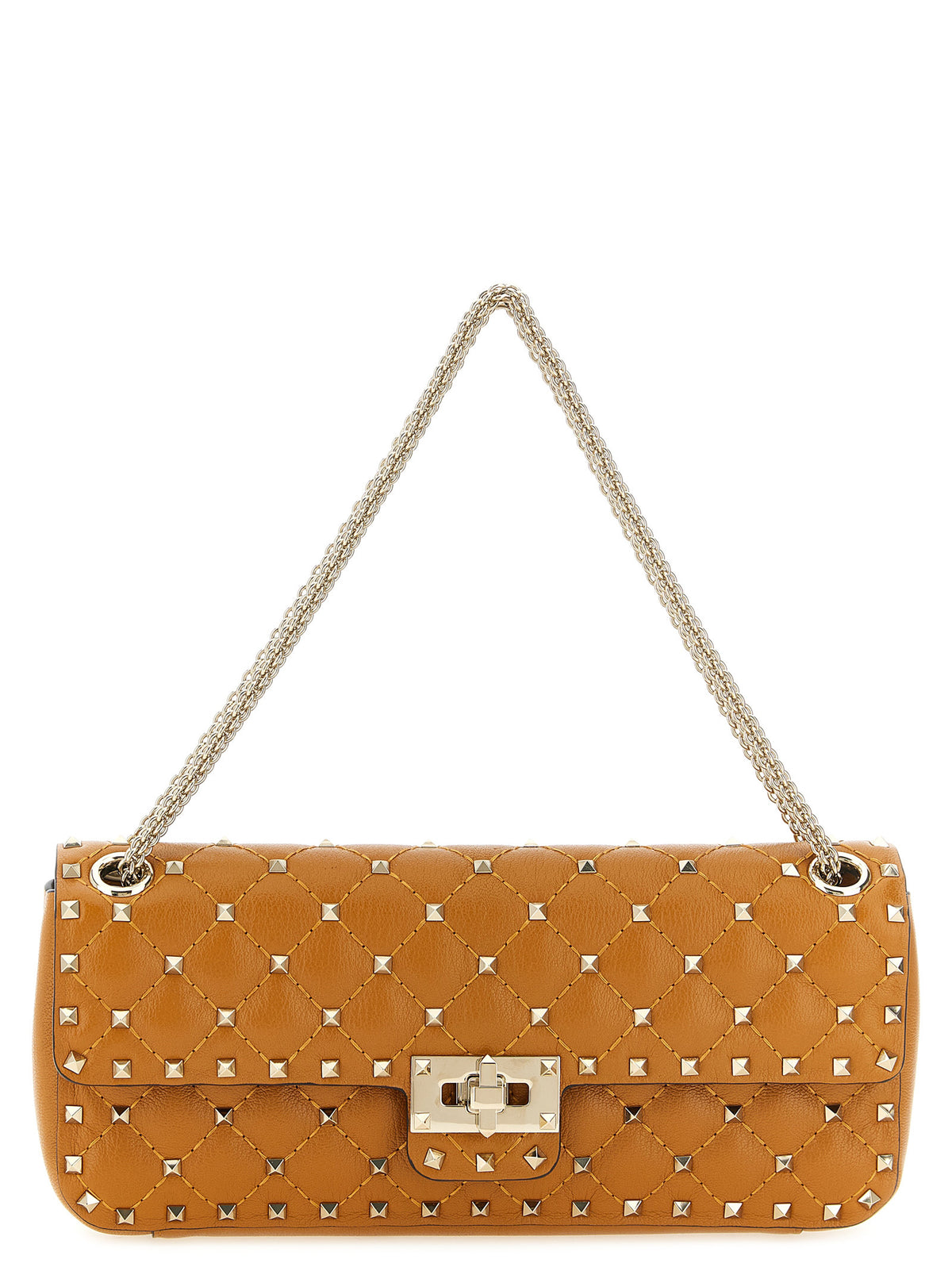 Valentino Garavani Rockstud Spike medium shoulder bag in tan quilted kidskin leather with platinum studs and sliding chain.