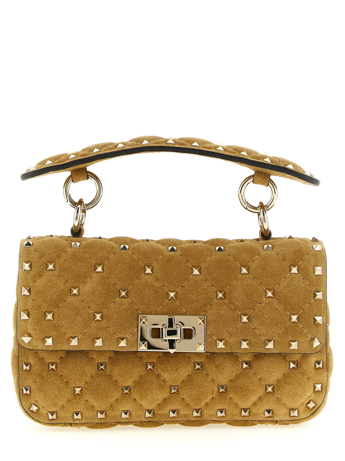 Valentino Garavani Rockstud Spike small shoulder bag in Havana beige suede with platinum studs.