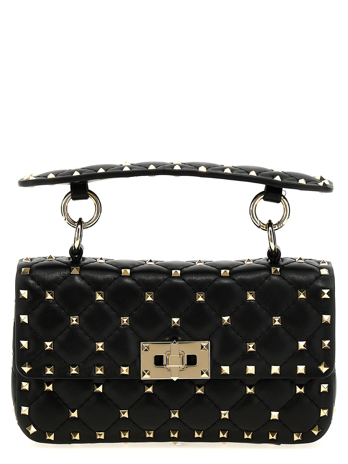 Valentino Garavani Rockstud Spike small shoulder bag in black quilted nappa leather with platinum studs.