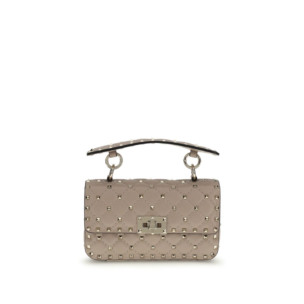 Valentino Garavani Rockstud Spike small shoulder bag in poudre beige quilted nappa leather with platinum studs.