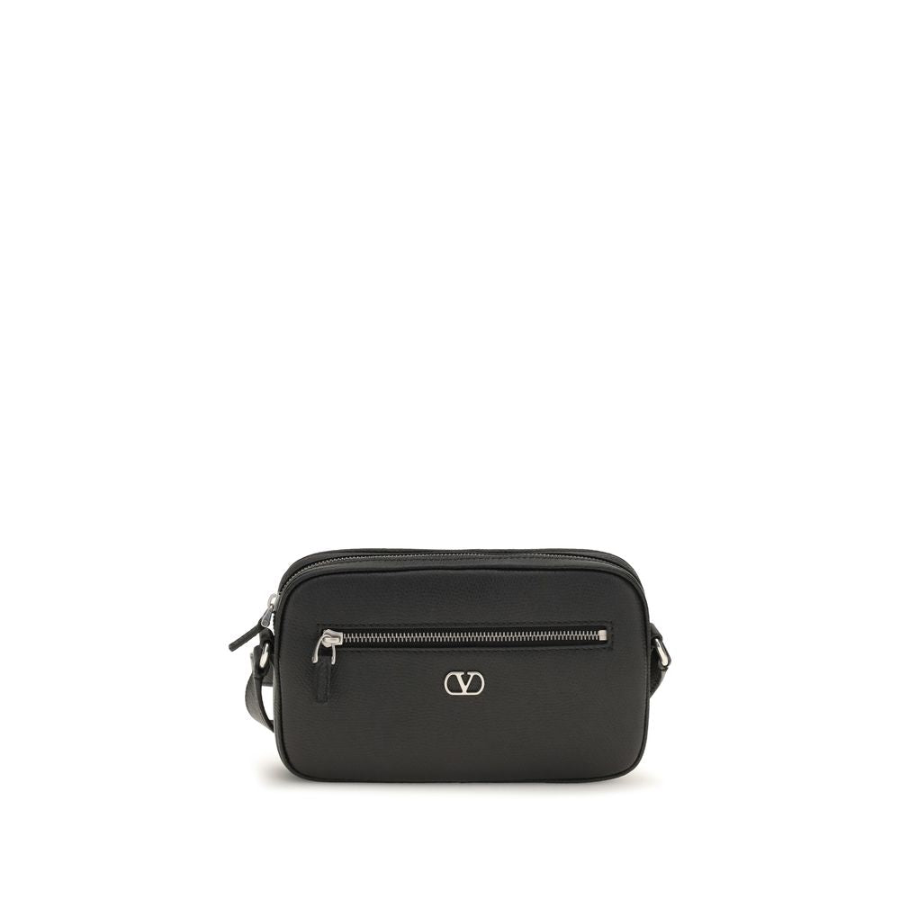 Valentino Garavani VLogo Signature crossbody bag in black grained calfskin leather with silver hardware.