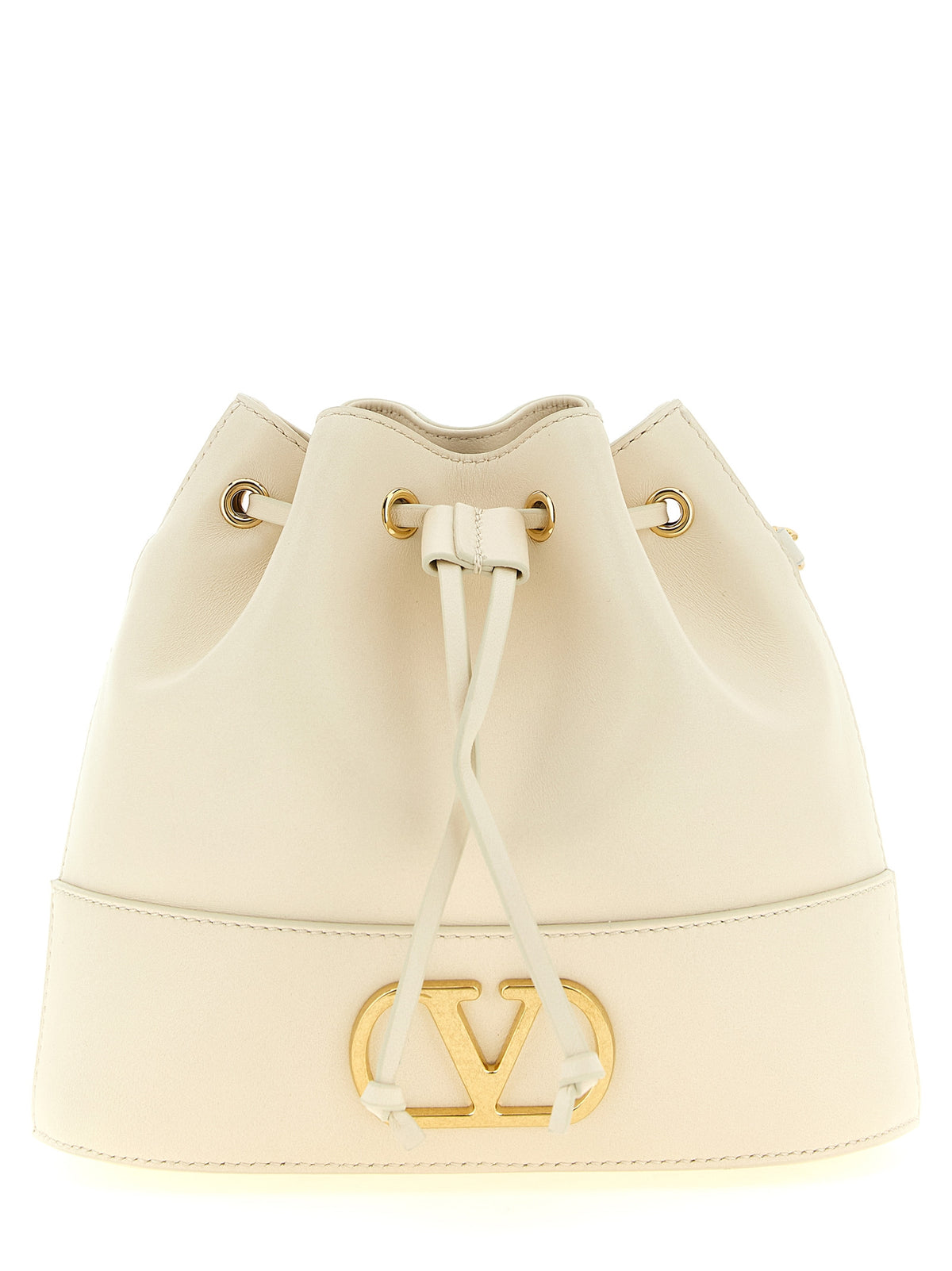 Valentino Garavani VLogo Signature mini bucket bag in light ivory nappa leather with gold hardware and chain strap.