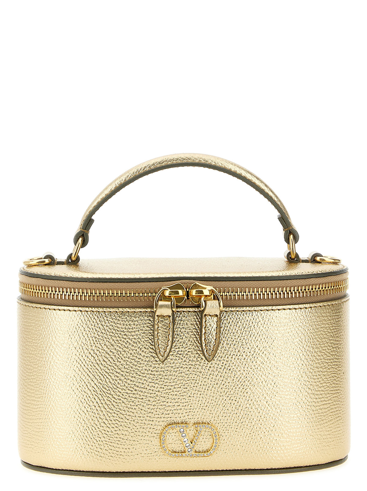 Valentino Garavani VLogo Signature mini vanity bag in gold laminated grainy calfskin leather with crystal logo.