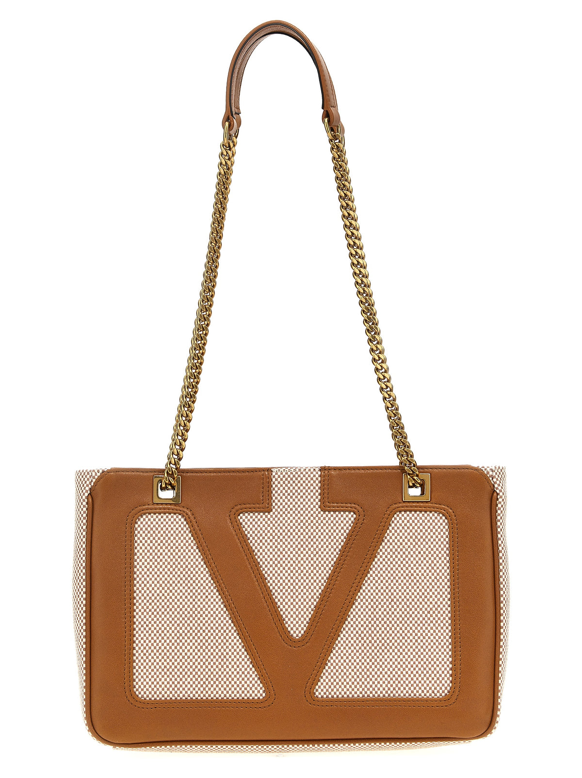 Valentino Garavani Viva Superstar small canvas shopping bag in natural and spice with maxi VLogo and gold chain.
