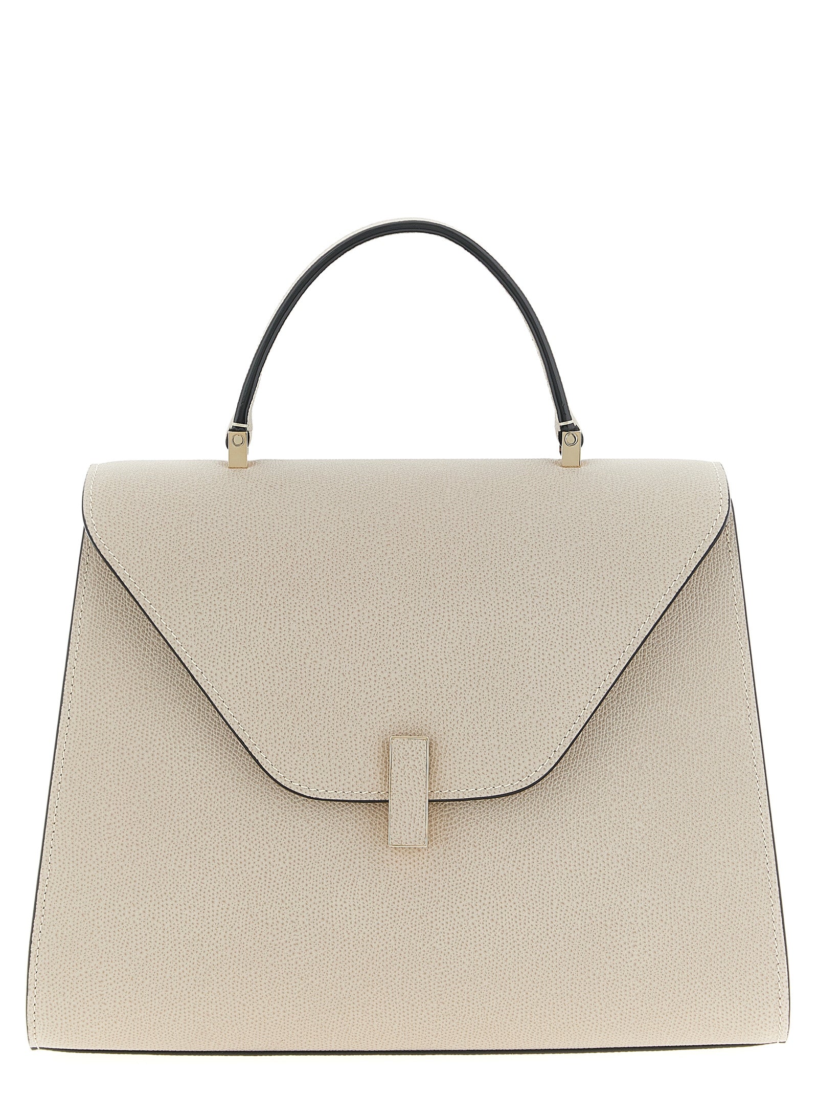 Valextra Iside Large Top Handle Bag in Beige Millepunte calf leather featuring handpainted black Costa edges and gold-tone clasp