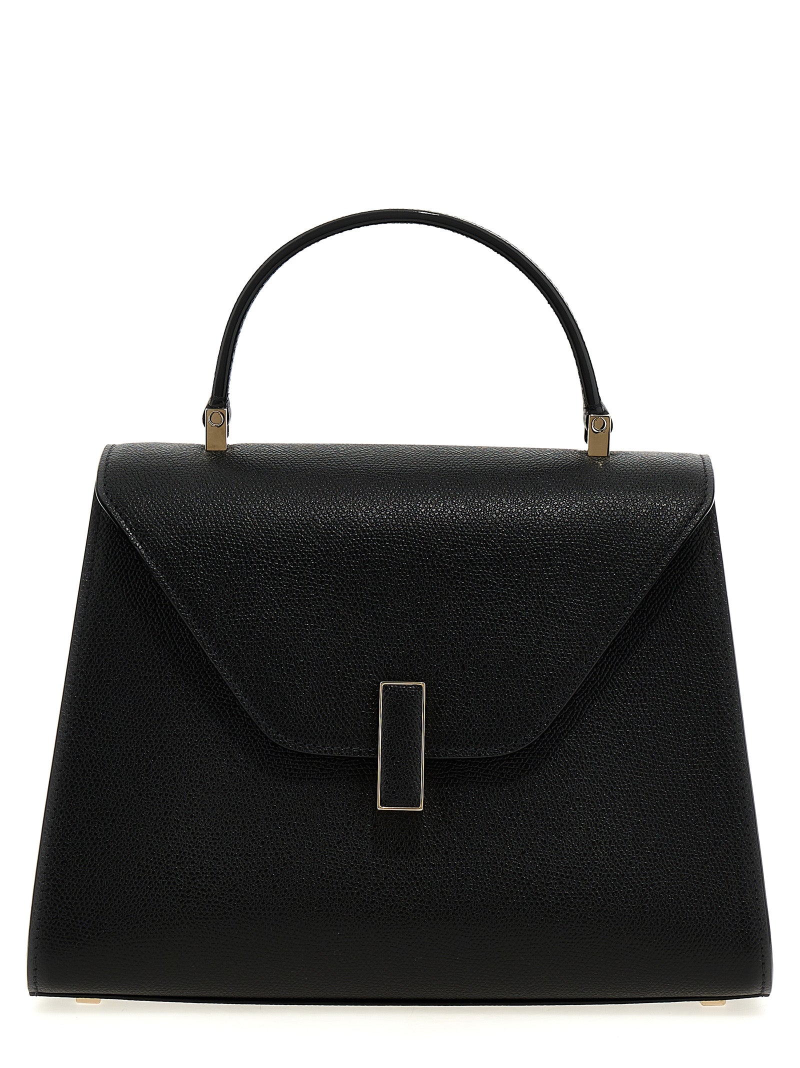 Valextra Iside Medium Top Handle Bag in Black Millepunte calf leather featuring handpainted Costa edges and gold-tone clasp closure