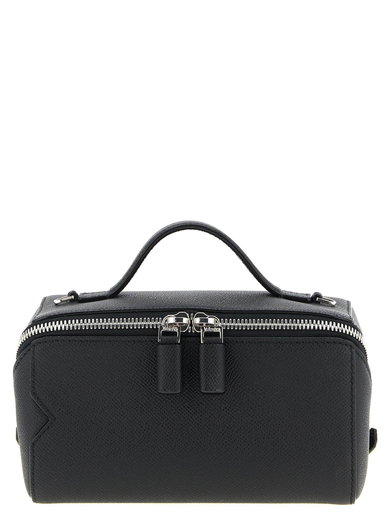 Valextra V-Line Crossbody Vanity Bag in Black Soft Millepunte leather featuring double zip closure and handpainted Costa edges from The Exclusive Line Singapore