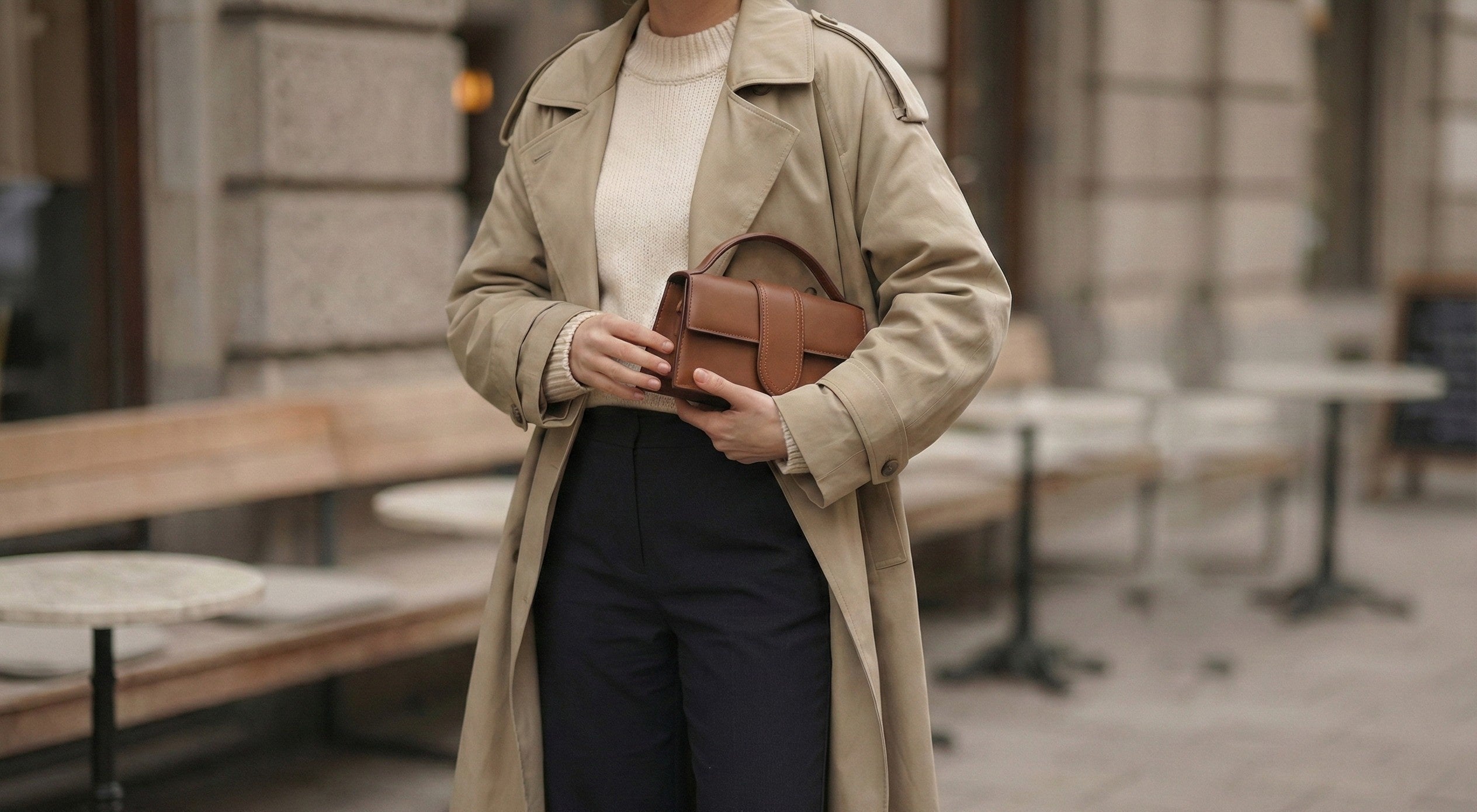 Model holding a Jacquemus Le Grand Bambino in Brown from The Exclusive Line Singapore.