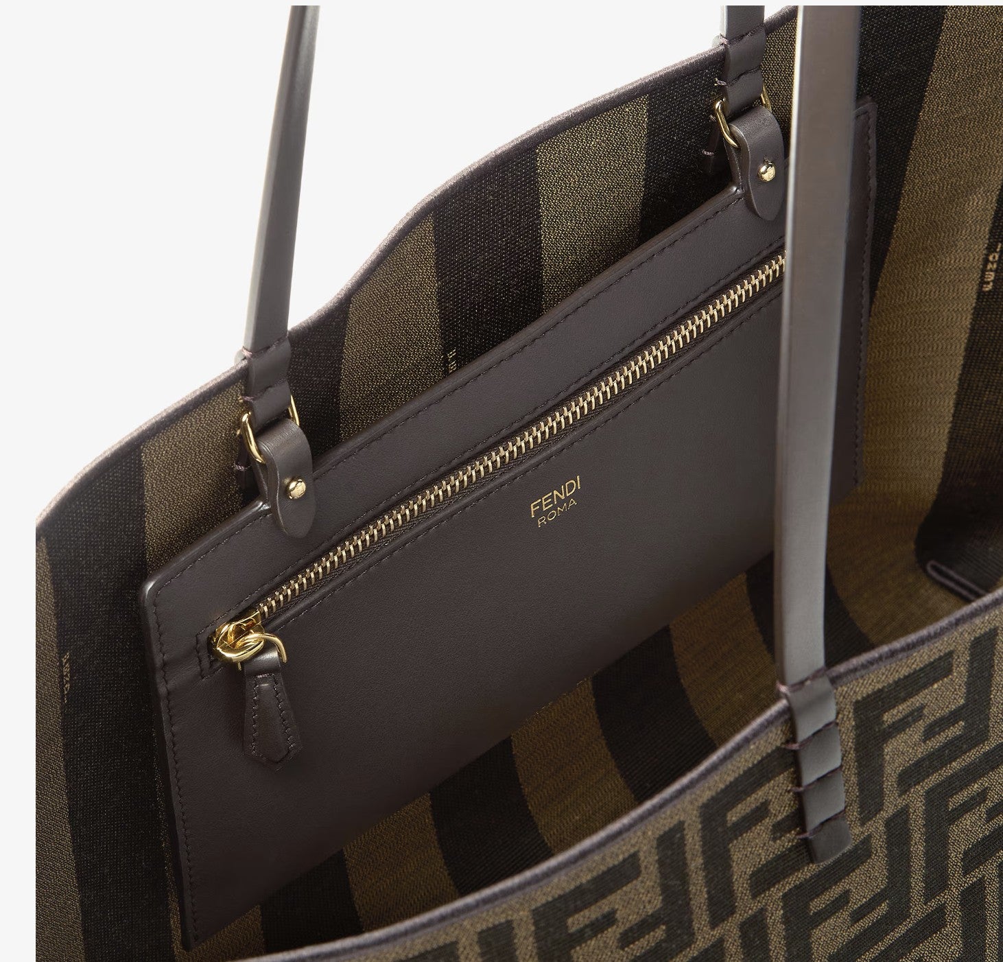Fendi Roll Medium Reversible Shopper Bag - Tobacco Brown FF Jacquard and Striped Pequin Fabric