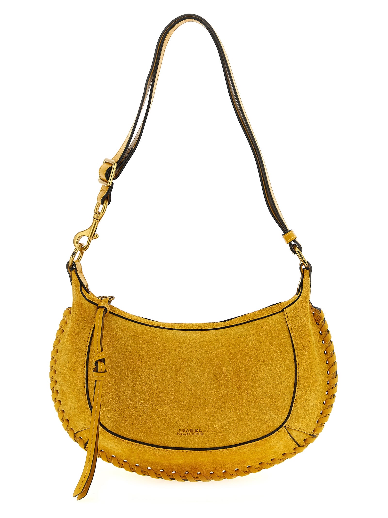 Isabel Marant Oskan Moon braided suede half-moon shoulder bag in saffron yellow with gold hardware, curated for The Exclusive Line Singapore.