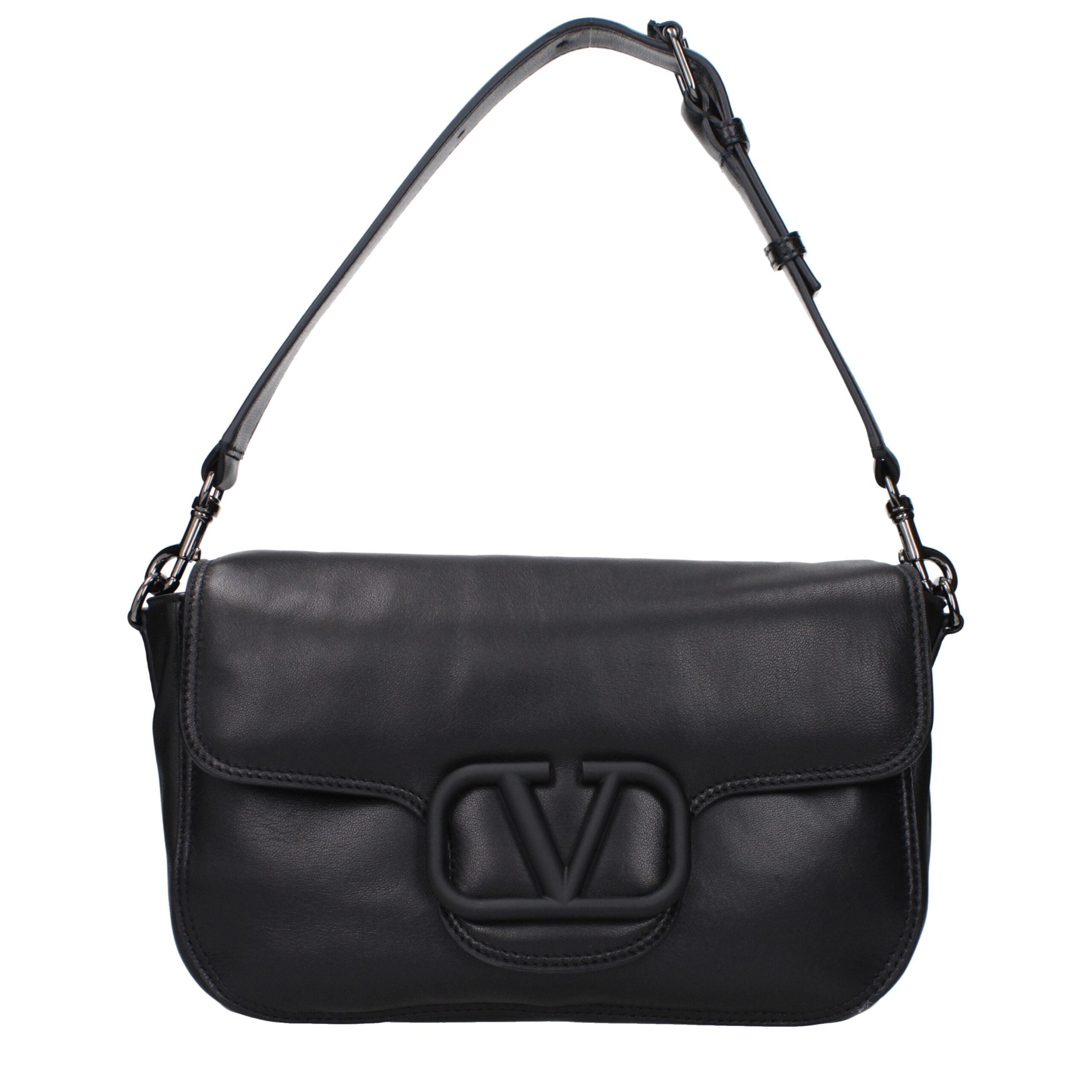 Valentino Garavani Medium Handbag in distressed black leather with VLogo signature, available in Singapore at The Exclusive Line.